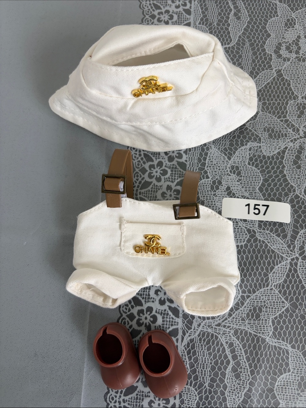 157,3 Piece Outfit Chanel Logo White Hat, White Overalls& shoes for Labubu doll